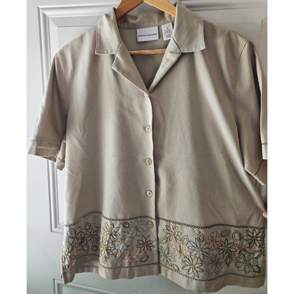 Alfred Dunner Women's Size 16‎ Beige Embroidered Floral Button Front Linen Blend